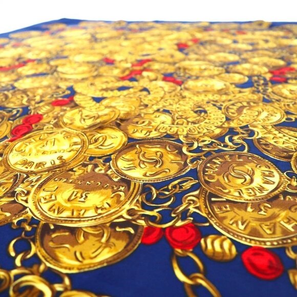 CHANEL Silk Scarf CC Medallion Coins Chains Gold Blue Vintage - Picture 2 of 5